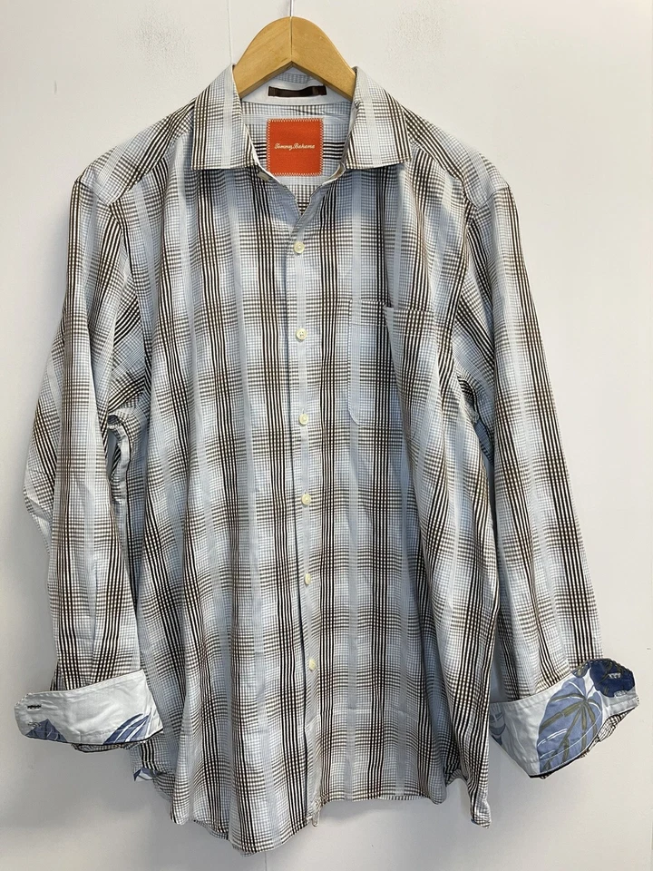 Tommy Bahama Men’s M Plaid Shirt Flip Cuff Long Sleeve Cotton Blue Brown - Image 2 of 4