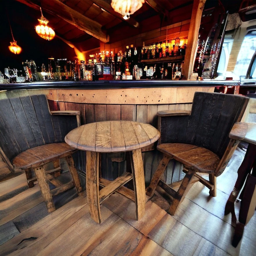 Handmade Reclaimed Whiskey Barrel Coffee Table with 2 Oak Barrell Chairs - Image 2 of 3