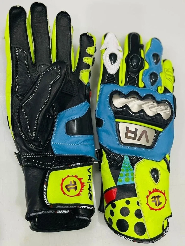 VR46 Racing Leather Motorcycle Gloves Full Gauntlet Knuckle Protection - Image 2 of 3