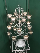 White Metal & Glass Shabby Chic Candelabra Candle Holder Faux Crystals Holiday