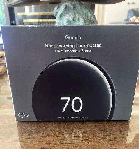 Google Nest Learning Thermostat (4th Gen) w Temperature Sensor Polished Obsidian