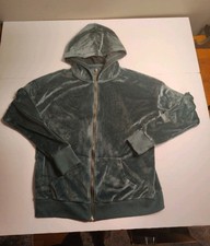 Women  s M Sage Green Crushed Velvet Zip Hoodie Velour Thumb Holes Gold Zip