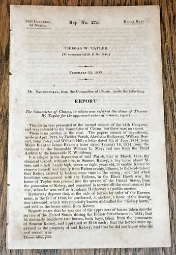 1839 Report 24th Congress Dispute & Appraisal Of A Horse Used In Black Hawk War
