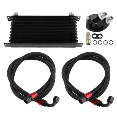 10 Row  Universal Engine Transmission Oil Cooler Filter Adapter Hose Kit 1.4M