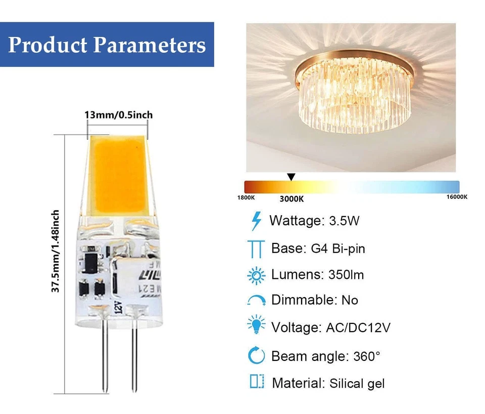 G4 LED Bulb T3 JC Bi-Pin Base 3.5W AC/DC 12V Warm White 3000K 25-30W G4 Halog... - Image 2 of 4