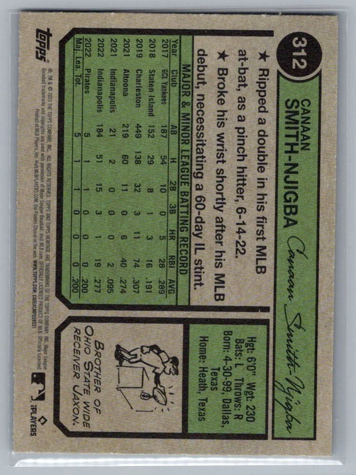 2023 Topps Heritage Canaan Smith-Njigba Rookie Pittsburgh Pirates #312 - Image 2 of 2