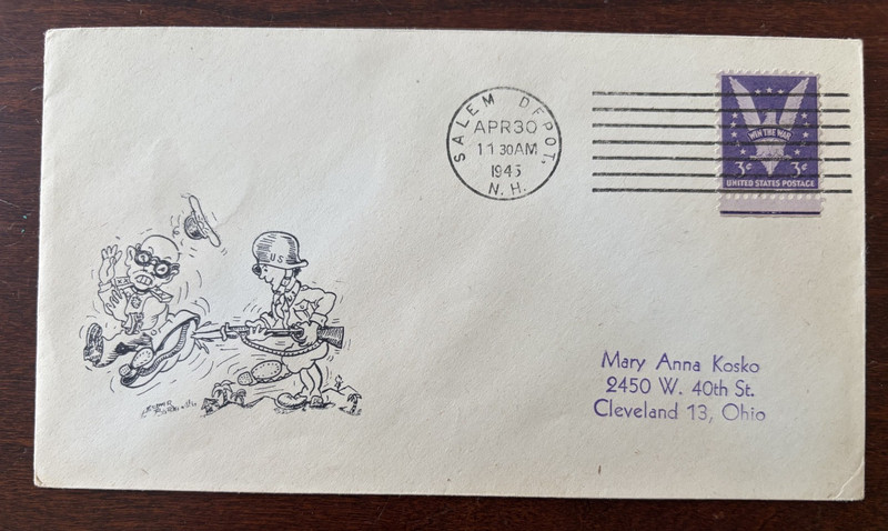 WWII Patriotic Cover 1945 Borkowski Salem depot New Hampshire tojo anti Japan