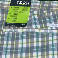 IZOD Shorts Men's Plaid Golf Shorts 32 Gray Yellow Green  {P} Classic Fit 