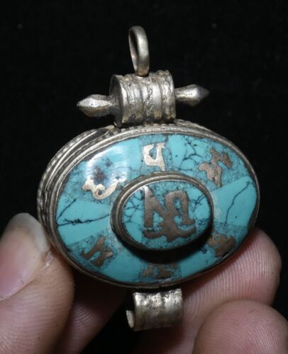 4CM Unique Tibetan Silver Inlay Turquoise 8 Happy Symbol Amulet Pendant - Picture 1 of 8