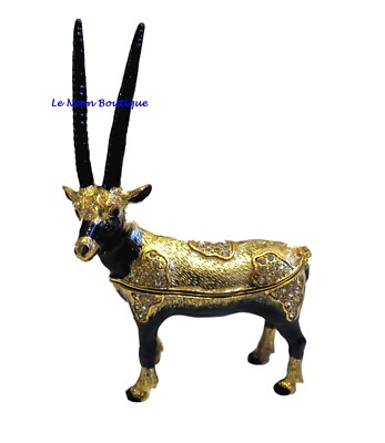 Bejeweled Tibetan Antelope Goat Hinged Metal Enameled Trinket Box
