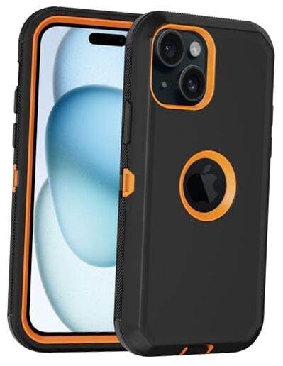 for iPhone 15 Plus Case, with Built in Screen Protector Heavy Duty Black/Orange