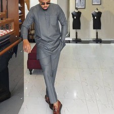 Men's African 2 Pcs Traditional Shirt Pants Set Long Sleeve Middle East Suits