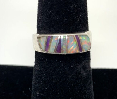 Vintage Indianer Sterlingsilber Opal & Amethyst Intarsien Ring 3,48 g Größe 6,5