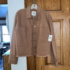 Women's Kenzie Jeans Jacket Caramel Tan Pockets Button Frayed Hem