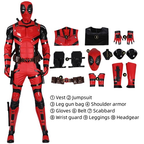 Deadpool 3 Wade Wilson Cosplay Costume Jumpsuit Mask Bright Red Full Suit Outfit - Picture 2 of 26