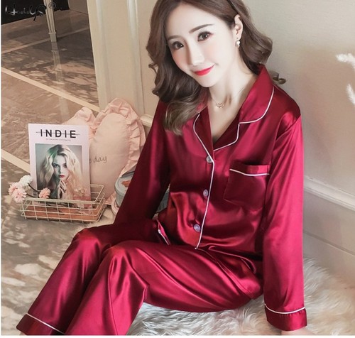 Women's Satin Pajama Set Classic Button Down Loungewear Long Sleeve Sleepwear Pj - Picture 42 of 108