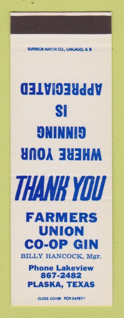 Matchbook Cover - Farmers Union COOP Gin Plaska TX Billy Hancock SAMPLE