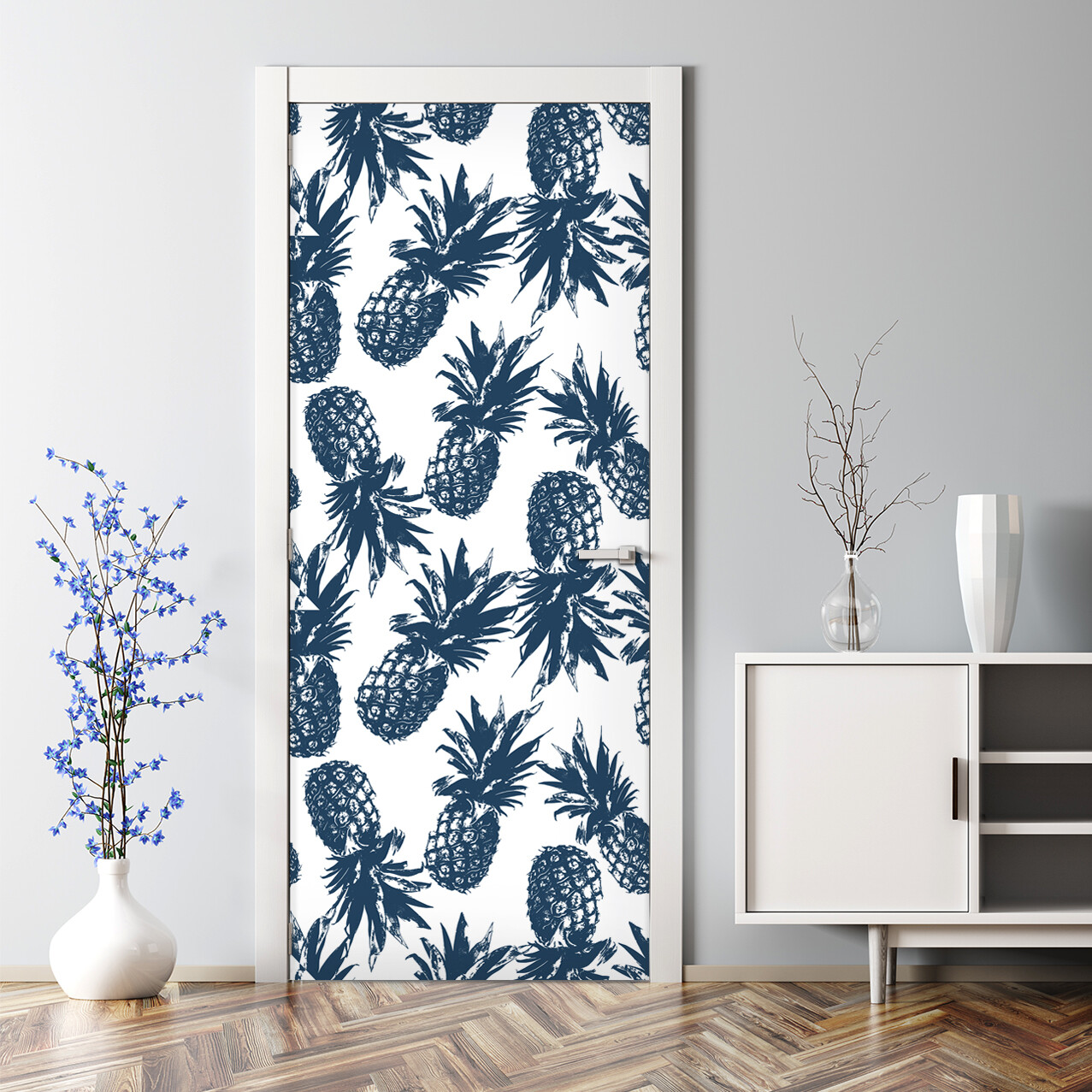 Pineapple Bubble-Free Self-Adhesive Door Decal with Tropical Leaves