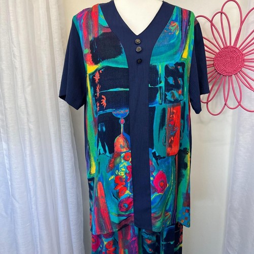 Vintage 2PC Set Funky Boxy Bright Shirt and Midi Skirt 90s C.M. Shapes Size MED - Picture 6 of 16