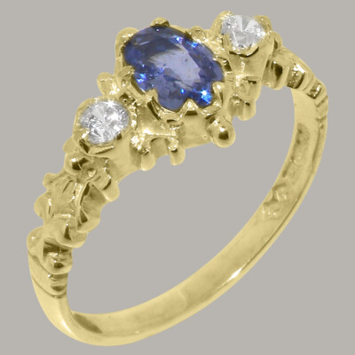 Solid 14k Yellow Gold Natural Sapphire & Diamond Womens Trilogy Ring