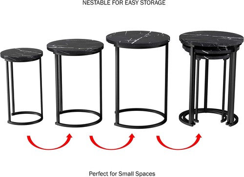 Set of 3 Round Marble Look MDF Steel Nesting Side Coffee Tables Stacking Sofa - Picture 16 of 26