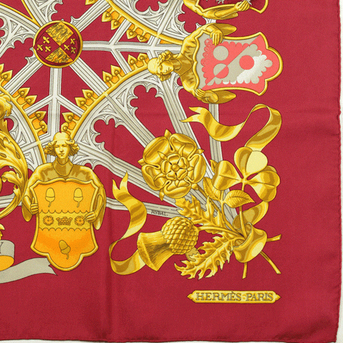 Sciarpa Hermes Araldica Britannica 90 cm Seta Carre Oro Rosso VLADIMIR RYBALTCHENKO - Foto 3 di 6