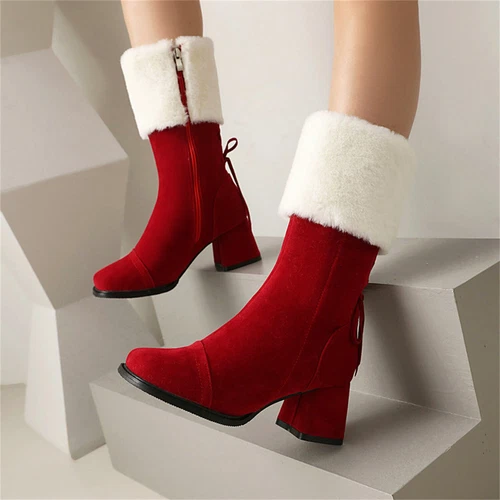 Damen-Schneestiefel Blockabsatz Kunstfell runde Spitze seitlicher Reißverschluss warm modische Schuhe - Bild 2 von 19