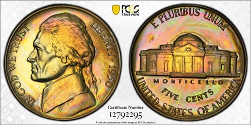 PR67 1950 5C Jefferson Proof Nickel, PCGS Trueview - Rainbow Toned