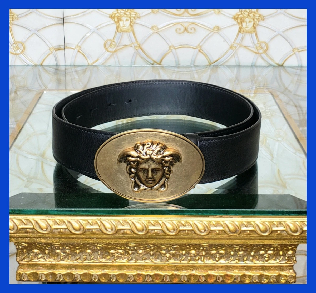 VERSACE BLACK LEATHER MEN'S BELT with SILVER-TONE MEDUSA BUCKLE