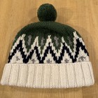 NWT J Crew Vintage Green/ White Patterned Ski Hat W Pompom. 100% Wool.   Warm! — photo 1