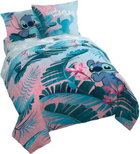 Disney Lilo Stitch Floral Fun 7 Piece Queen Bed Set - Includes Reversible Comf