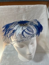 Vintage Fascinator Hat with Intact Netting Beads Feathers 1960's Blue