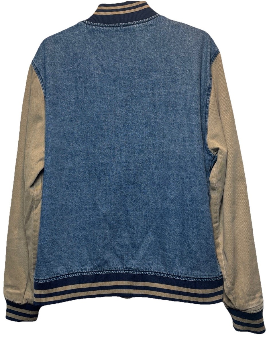 Guess Los Angeles Denim Varsity Jacket Men's L Blue Tan Bomber