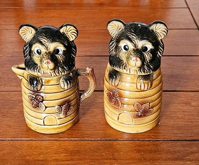 Vintage Japan Honigbär Bienenstock Keramik Milchkännchen Marmeladentopf Salz Pfefferstreuer Set