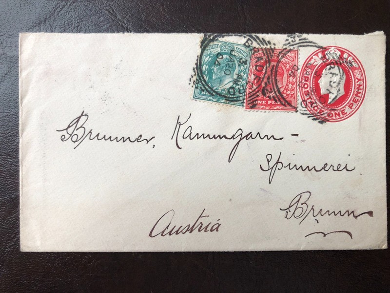 1904 cover preprinted w added postage; J Briggs & Co, Bradford to Brunn, Austria