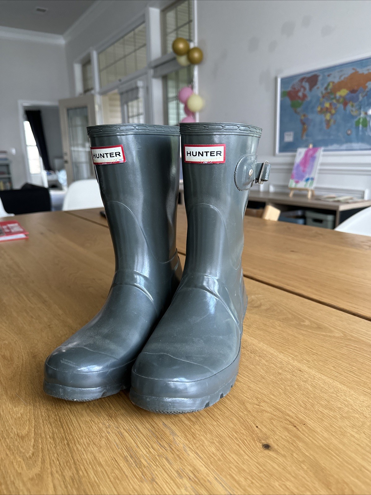 HUNTER Boots Original Gloss Short Womens Size 5 Adjustable Rain Rubber Grey