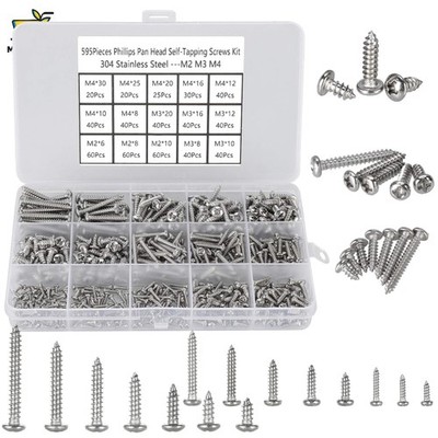 Blechschrauben Set 595 Stück M2 M3 M4 Edelstahl Selbstbohrschrauben Holz