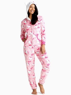 SANRIO Women's Hello Kitty One Piece Hooded Body Suit soft Pajamas-Size: L HTF