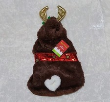 Dog Christmas reindeer outfit w/ hood gold antlers Size S back length up to 12"