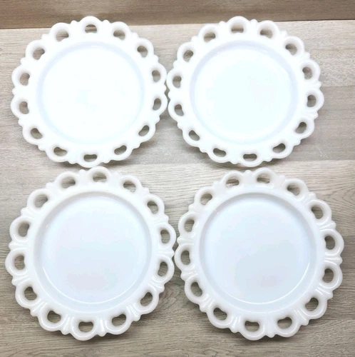 4- Vtg Anchor Hocking Milk Glass Cake Salad Plate Open Heart Lace Edges 8 1/4"