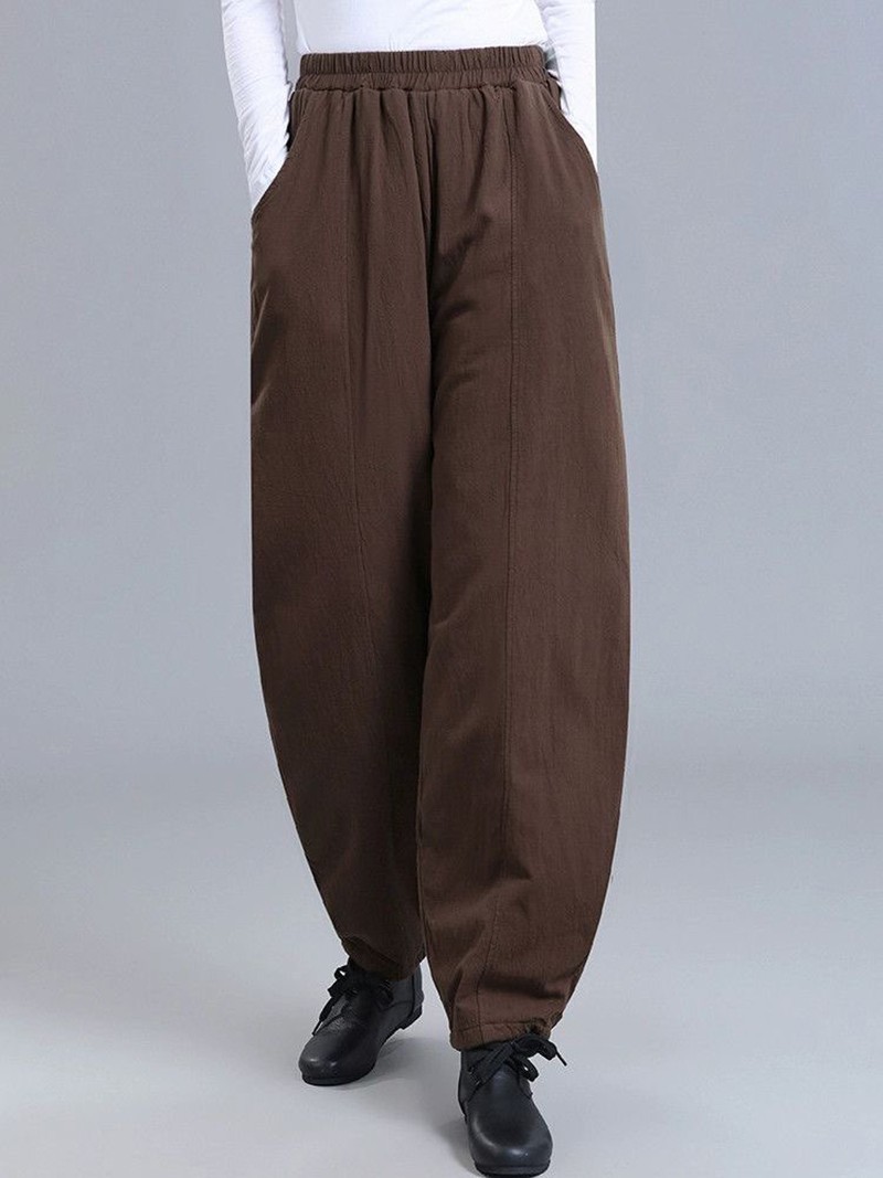 Retro Pants Womens Quilted Cotton Linen High Waist Warm Winter Casual Trousers