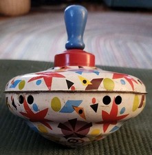 Vtg Ohio Art Tin Litho Toy Metal Spinning Top Colorful Stars Wood Handle WORKS