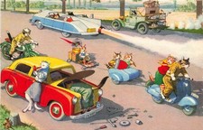 ALFRED MAINZER SWITZERLAND POSTCARD: DRESSED CATS - CAR BREAK DOWN CHAOS #4751
