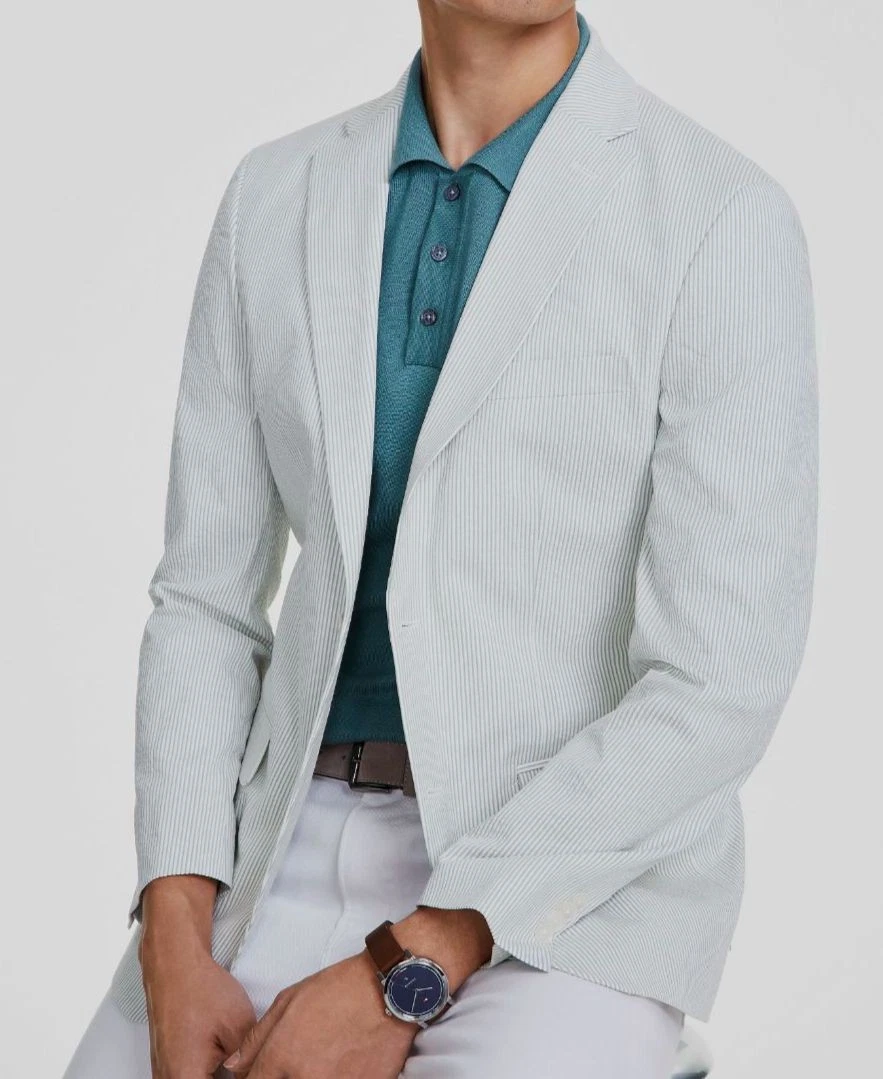 Tommy Hilfiger Men Green White Seersucker Modern-Fit Sport Coat Jacket Size 42L