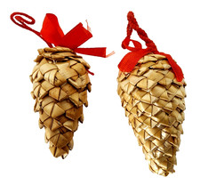 Vintage Straw Pinecone Ornaments with Red Bows Set of 2 Handmade 3"