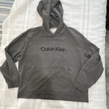 Calvin Klein Men's Gray Hooded Fleece Pullover Hoodie Logo Pockets Size L