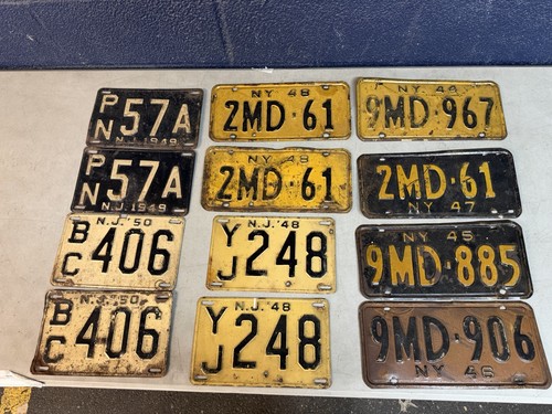 Lot of 10 Vintage NY, NJ & PA License Plates 1940s-1950s w/ Plate Numbers