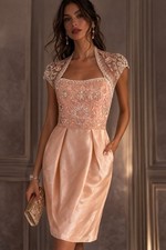 Sue Wong Beaded Lace Sheath Dress   Peach, Knee Length, Cap Sleeve - Designer