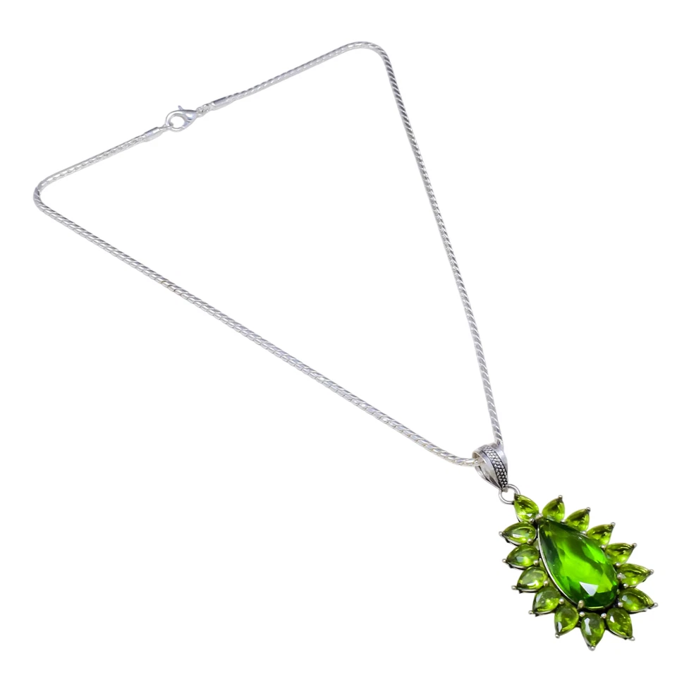 Green Peridot Gemstone 925 Sterling Silver Jewelry Pendant Necklace Size-17-18" - Image 2 of 4