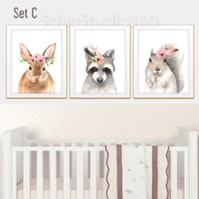 Set of 3 Woodland Animal Watercolor Art Prints -Forest Animall Wall Decor #Set C